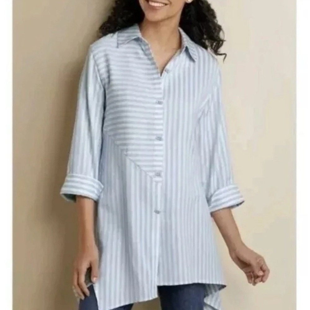 Soft Surroundings Blue White Striped Asymmetrical Tunic Shirt 27759 Womens Small